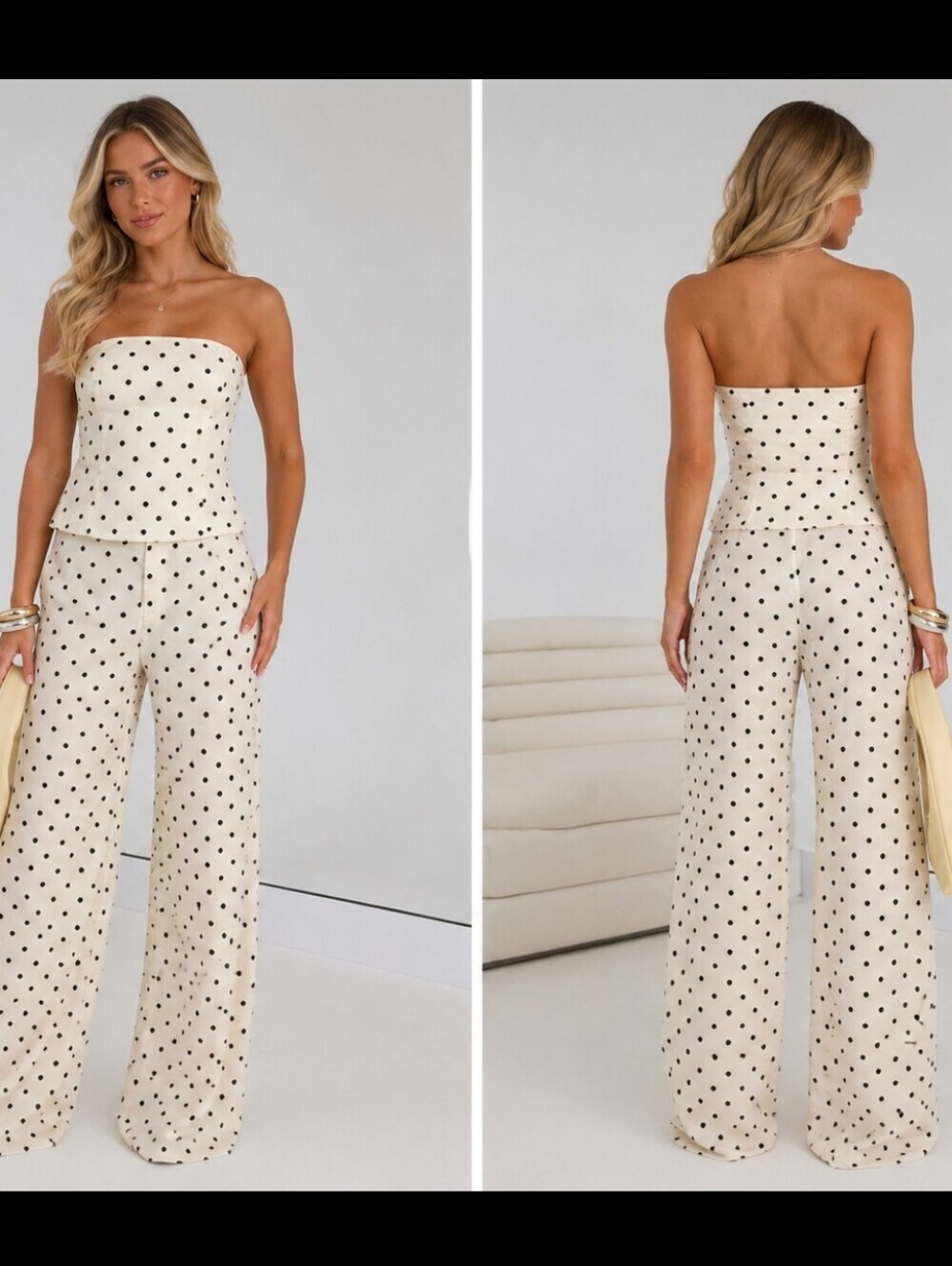 Strapless Wide-Leg Polka Dot Jumpsuit in Cream